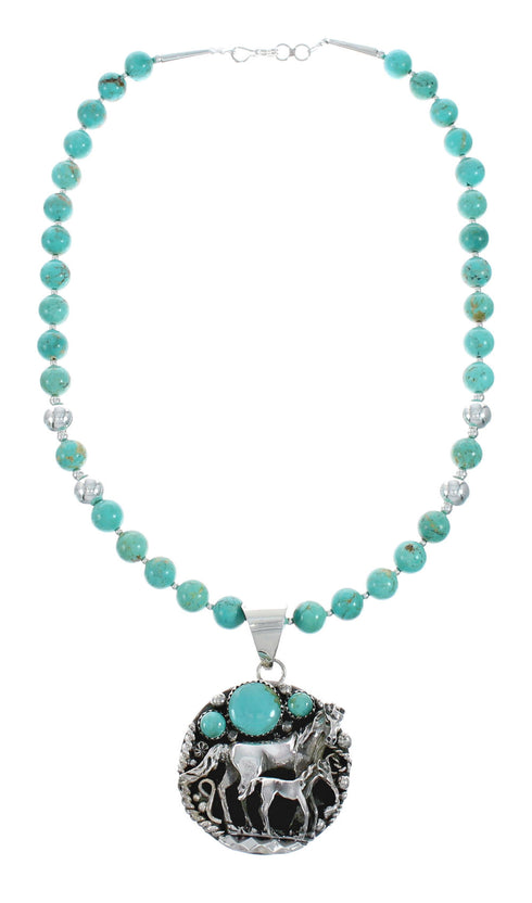Navajo Turquoise Sterling Silver Bead Necklace And Pendant Set X11192